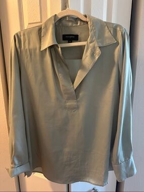 Sage Green Silk-Blend V-Neck Blouse